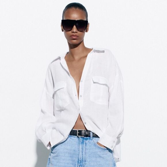 Zara 100% Linen Shirt With Pockets - Picture 8 of 9
